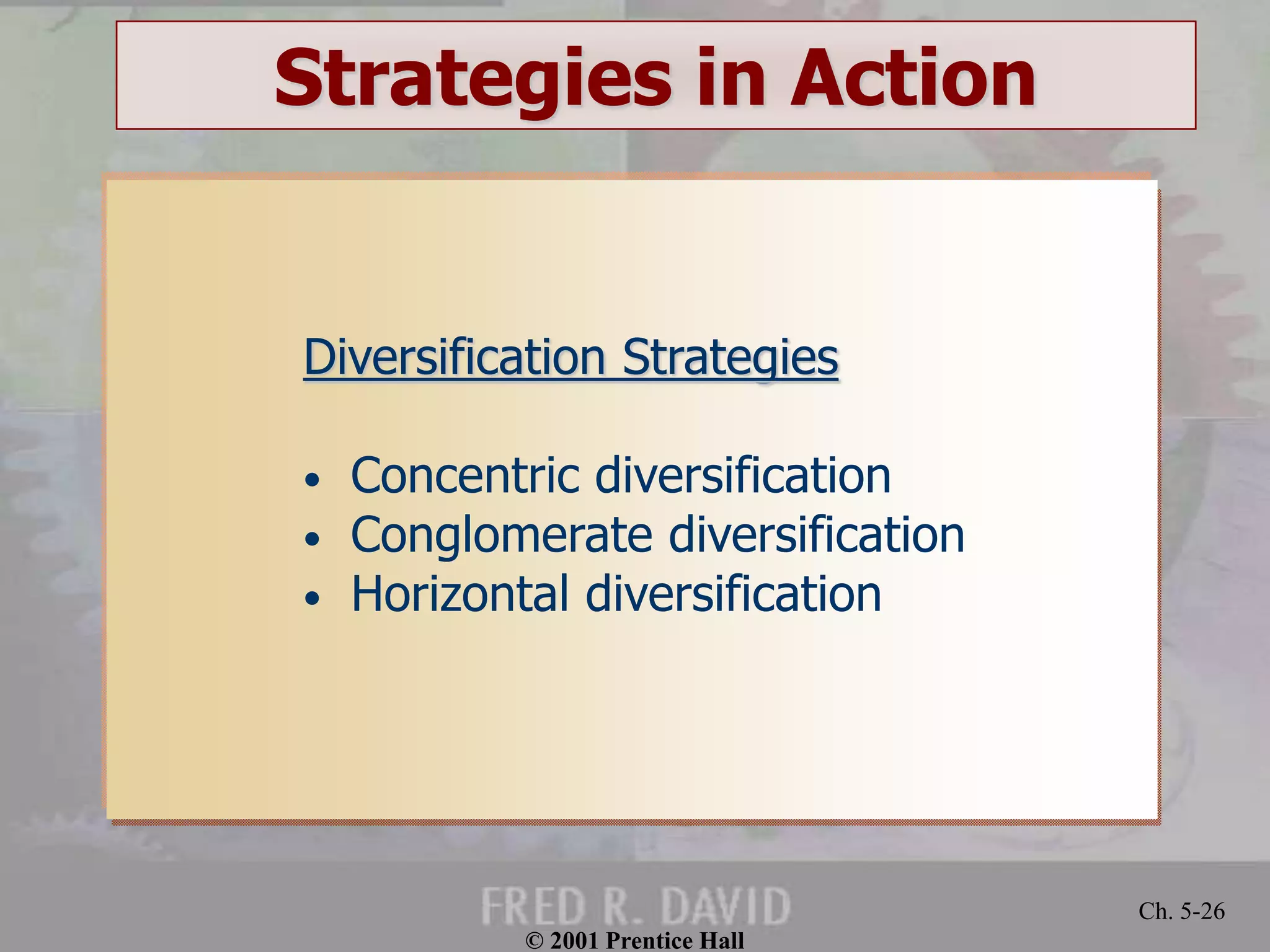 © 2001 Prentice Hall
Ch. 5-26
Strategies in Action
Diversification Strategies
• Concentric diversification
• Conglomerate diversification
• Horizontal diversification
 