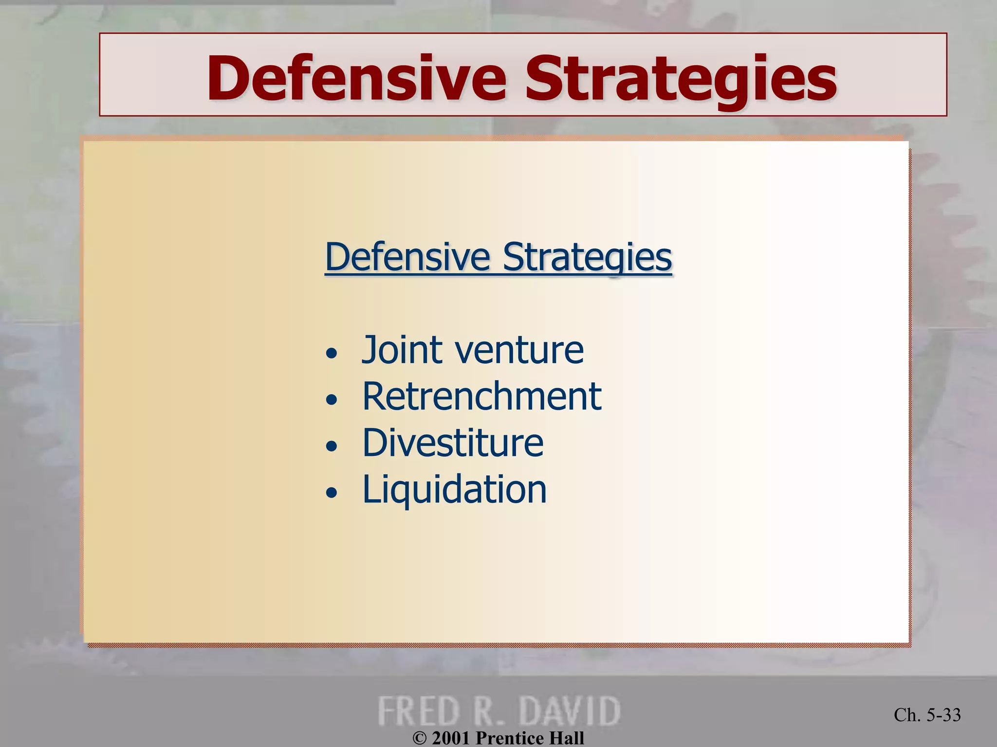 © 2001 Prentice Hall
Ch. 5-33
Defensive Strategies
Defensive Strategies
• Joint venture
• Retrenchment
• Divestiture
• Liquidation
 