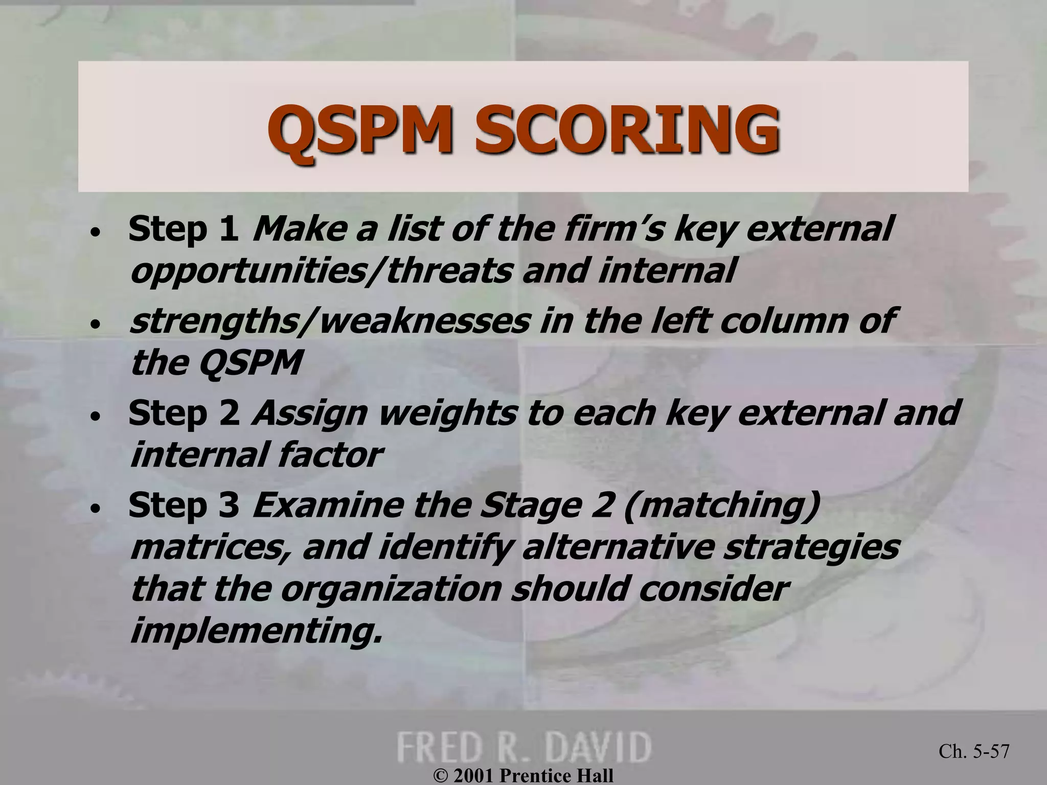 QSPM SCORING
• Step 1 Make a list of the firm’s key external
opportunities/threats and internal
• strengths/weaknesses in the left column of
the QSPM
• Step 2 Assign weights to each key external and
internal factor
• Step 3 Examine the Stage 2 (matching)
matrices, and identify alternative strategies
that the organization should consider
implementing.
© 2001 Prentice Hall
Ch. 5-57
 