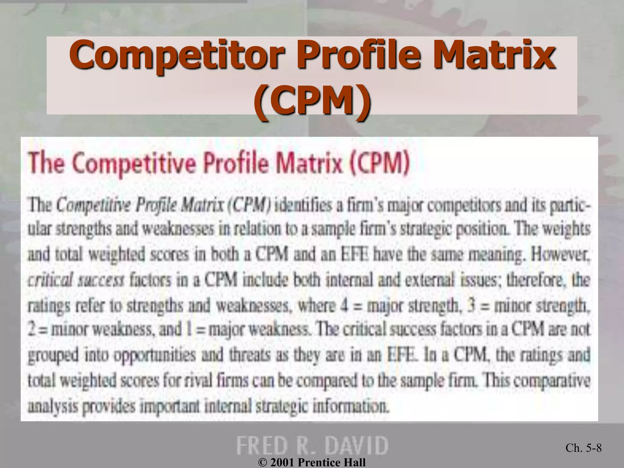 Competitor Profile Matrix
(CPM)
© 2001 Prentice Hall
Ch. 5-8
 