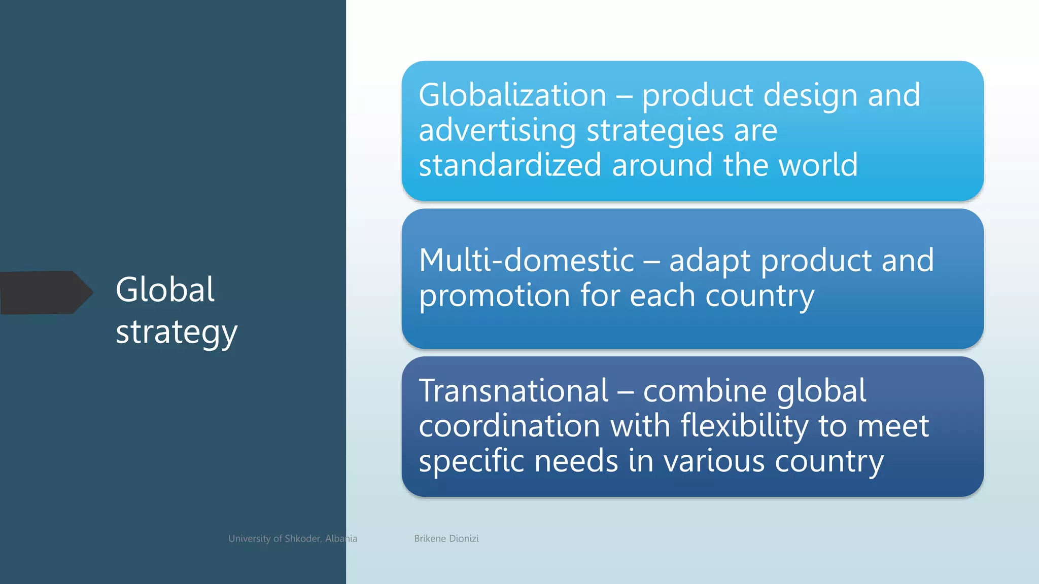 Global
strategy
Globalization – product design and
advertising strategies are
standardized around the world
Multi-domestic – adapt product and
promotion for each country
Transnational – combine global
coordination with flexibility to meet
specific needs in various country
University of Shkoder, Albania Brikene Dionizi
 