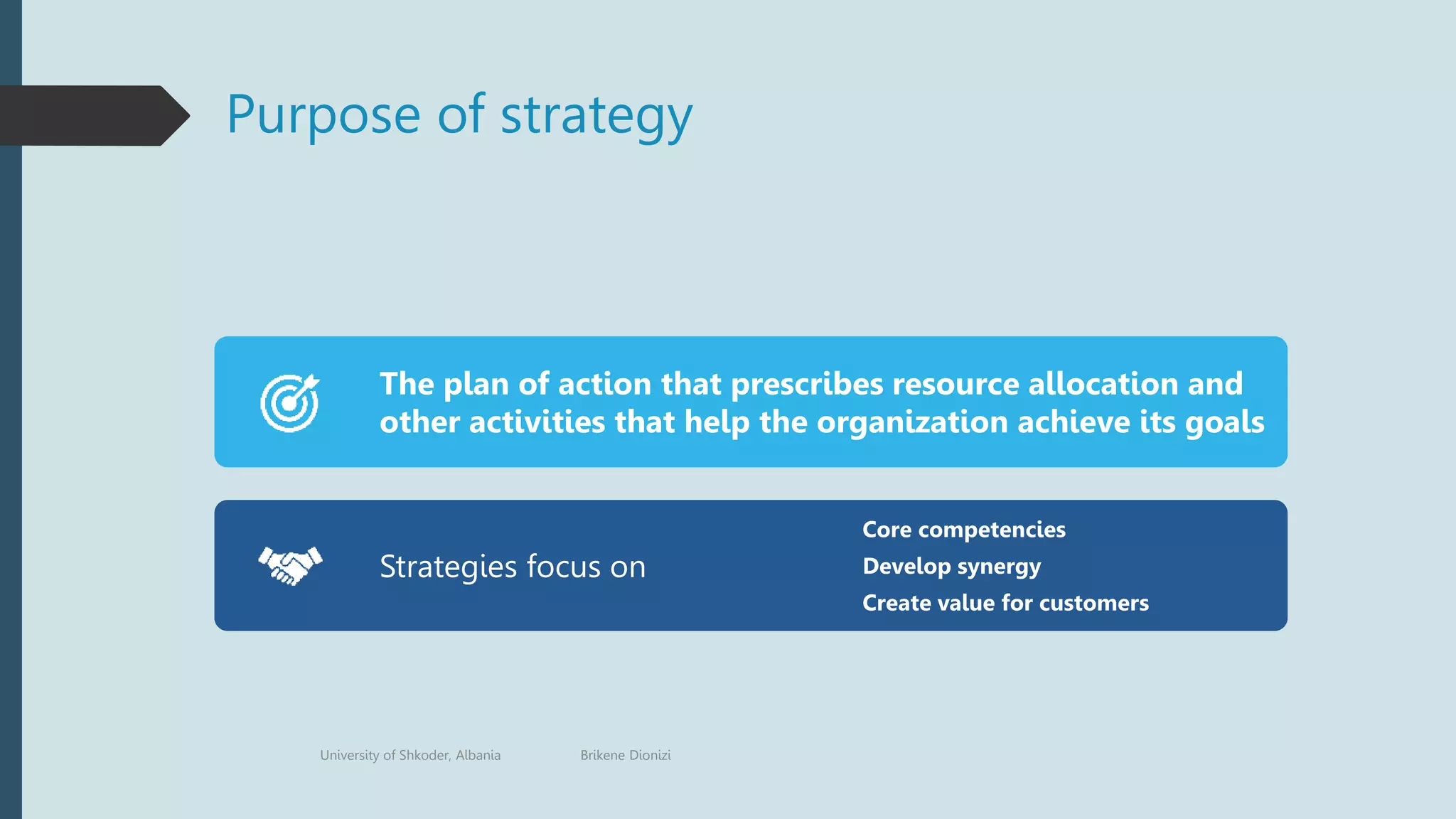 Purpose of strategy
The plan of action that prescribes resource allocation and
other activities that help the organization achieve its goals
Strategies focus on
Core competencies
Develop synergy
Create value for customers
University of Shkoder, Albania Brikene Dionizi
 