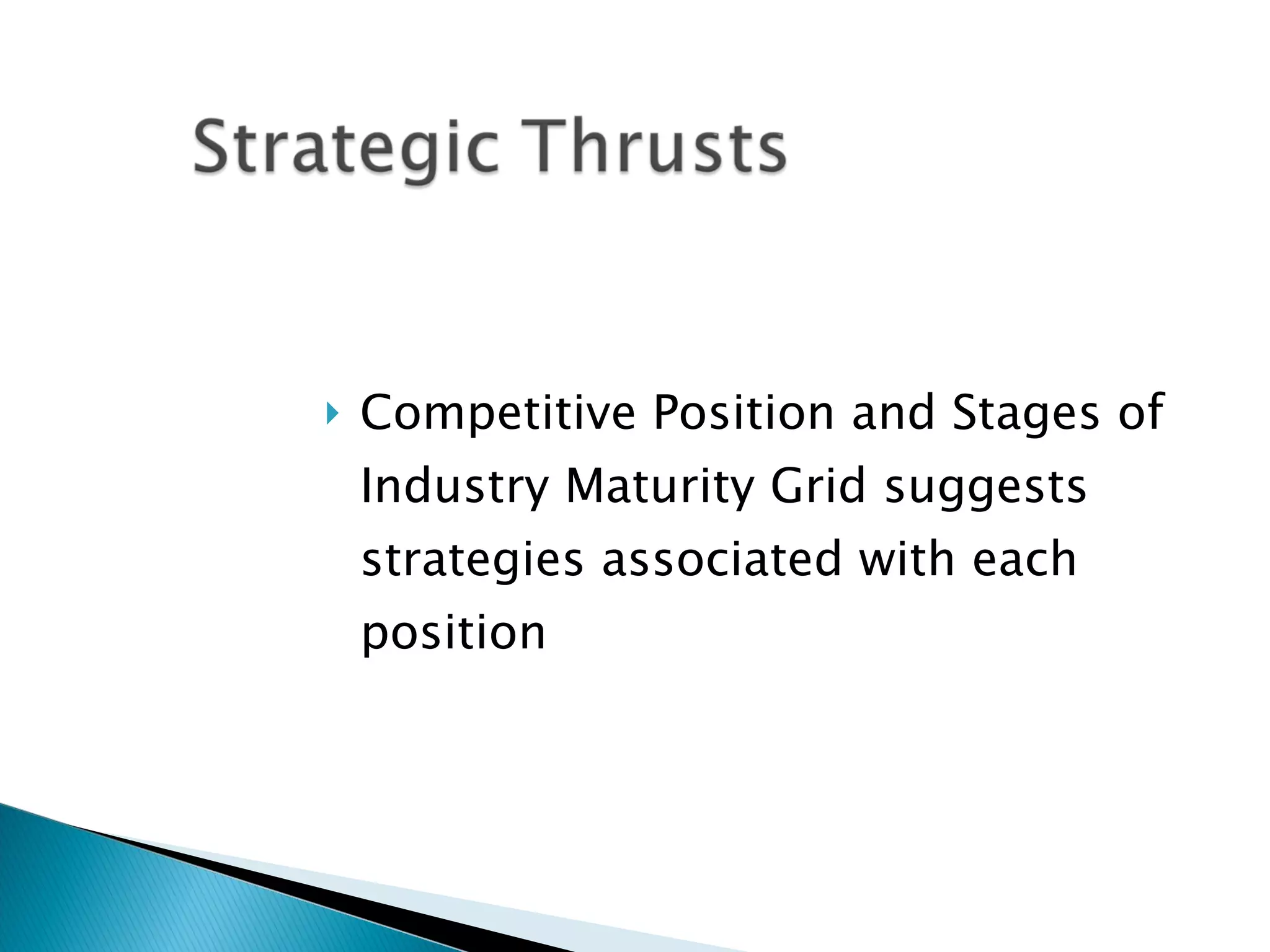Competitive Position and Stages of Industry Maturity Grid suggests strategies associated with each position  