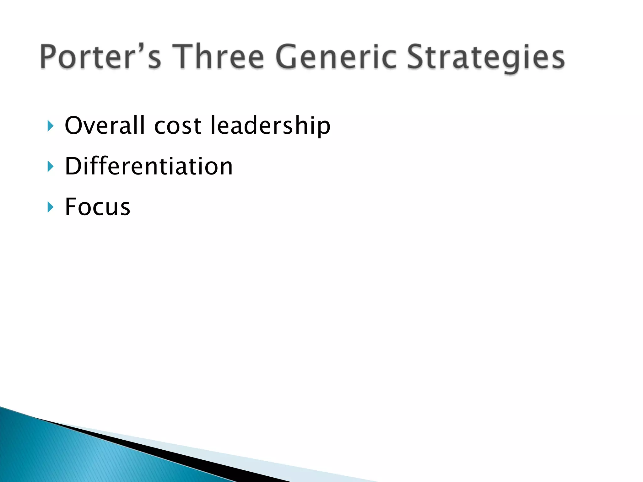 Overall cost leadership Differentiation Focus 