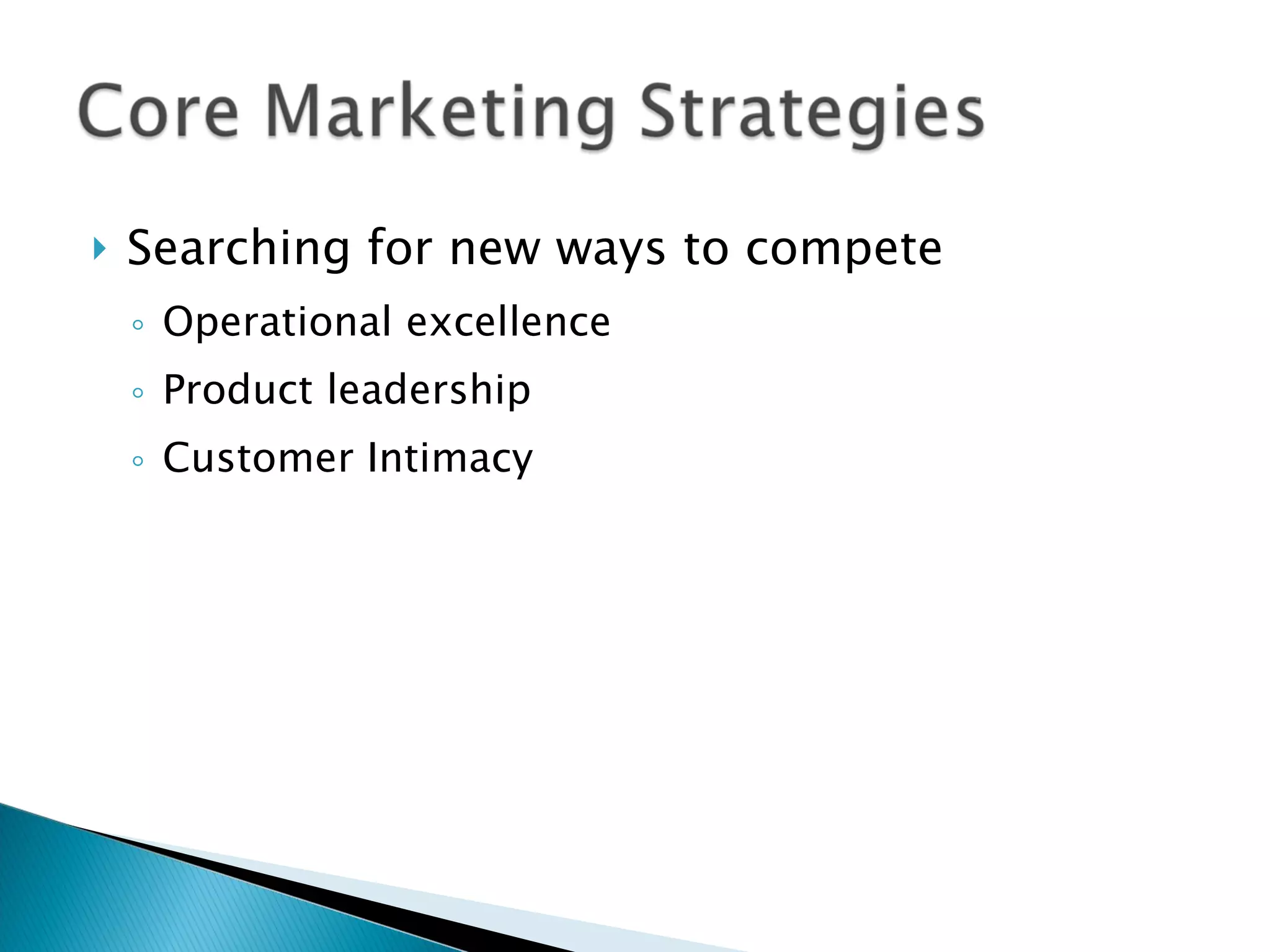 Searching for new ways to compete Operational excellence Product leadership Customer Intimacy 