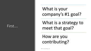 First….
What is your
company’s #1 goal?
What is a strategy to
meet that goal?
How are you
contributing?
BTG Consulting, LLC
 