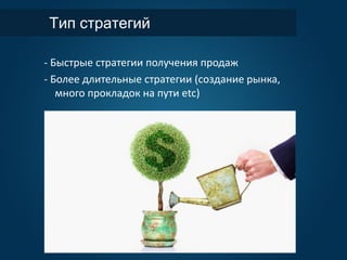 Тип стратегий
- Быстрые стратегии получения продаж
- Более длительные стратегии (создание рынка,
много прокладок на пути etc)
 