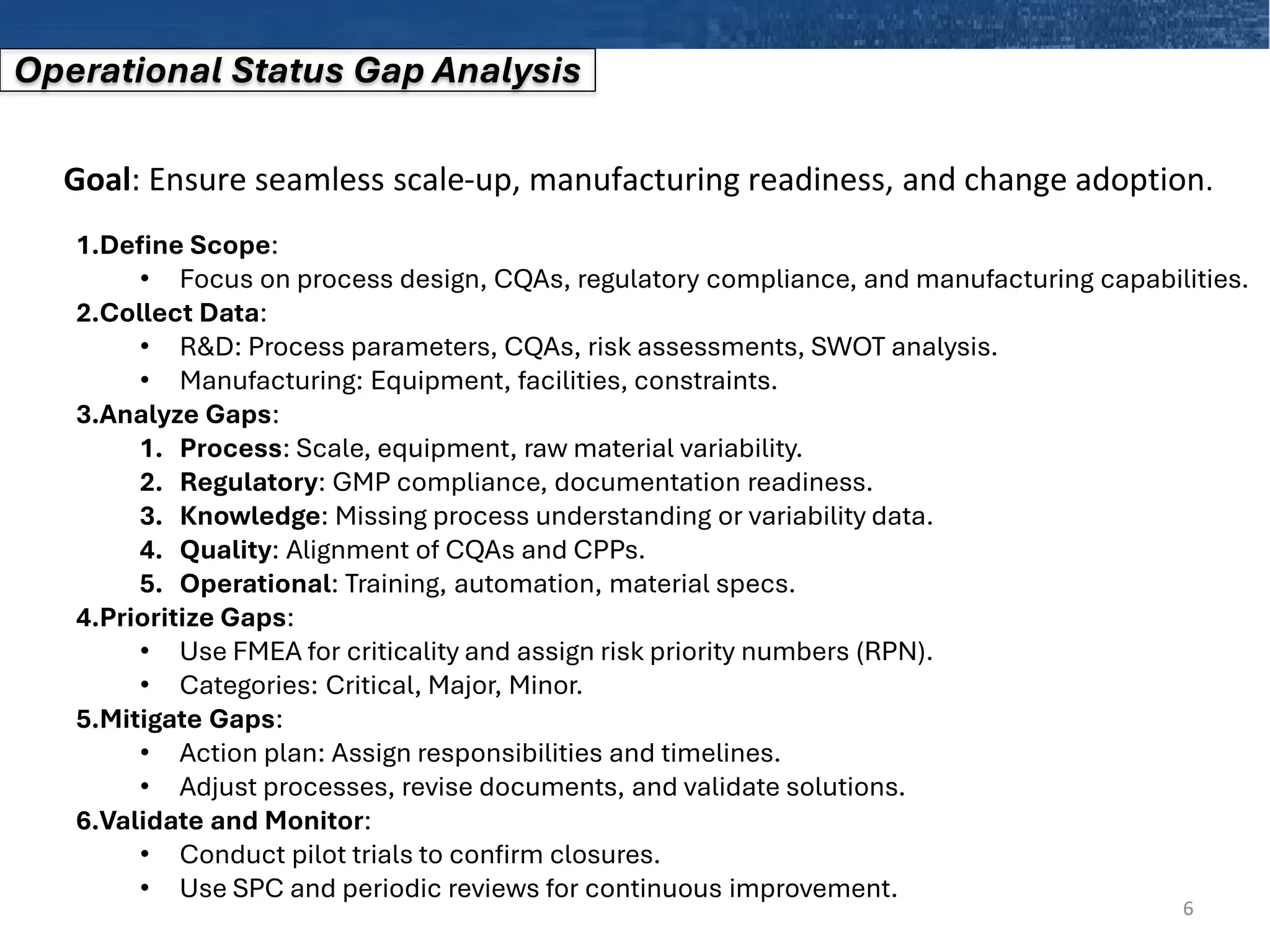 6
Operational Status Gap Analysis
Goal: Ensure seamless scale-up, manufacturing readiness, and change adoption.
1.Define Scope:
• Focus on process design, CQAs, regulatory compliance, and manufacturing capabilities.
2.Collect Data:
• R&D: Process parameters, CQAs, risk assessments, SWOT analysis.
• Manufacturing: Equipment, facilities, constraints.
3.Analyze Gaps:
1. Process: Scale, equipment, raw material variability.
2. Regulatory: GMP compliance, documentation readiness.
3. Knowledge: Missing process understanding or variability data.
4. Quality: Alignment of CQAs and CPPs.
5. Operational: Training, automation, material specs.
4.Prioritize Gaps:
• Use FMEA for criticality and assign risk priority numbers (RPN).
• Categories: Critical, Major, Minor.
5.Mitigate Gaps:
• Action plan: Assign responsibilities and timelines.
• Adjust processes, revise documents, and validate solutions.
6.Validate and Monitor:
• Conduct pilot trials to confirm closures.
• Use SPC and periodic reviews for continuous improvement.
 