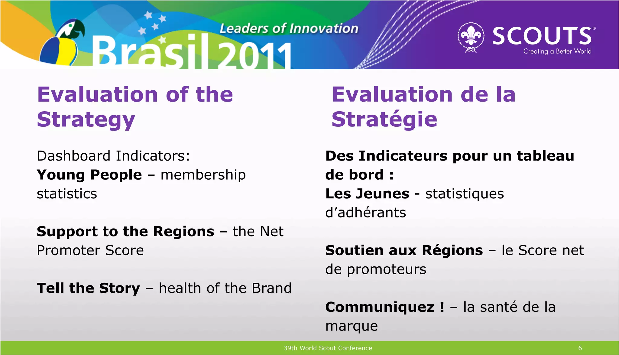 Evaluation of the                                Evaluation de la
Strategy                                         Stratégie
Dashboard Indicators:                          Des Indicateurs pour un tableau
Young People – membership                      de bord :
statistics                                     Les Jeunes - statistiques
                                               d’adhérants
Support to the Regions – the Net
Promoter Score                                 Soutien aux Régions – le Score net
                                               de promoteurs
Tell the Story – health of the Brand
                                               Communiquez ! – la santé de la
                                               marque
                                   39th World Scout Conference                   6
 