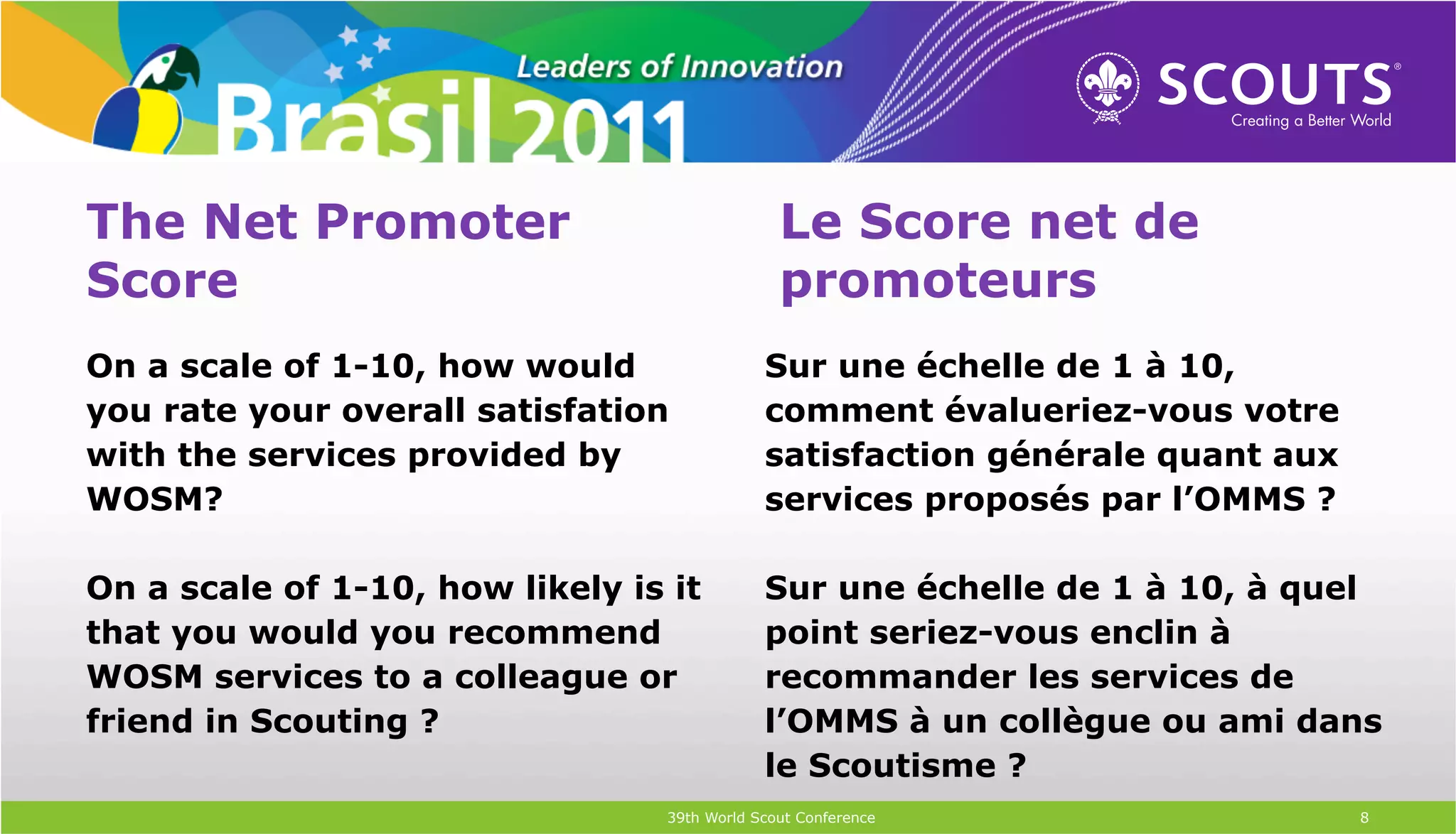 The Net Promoter                                Le Score net de
Score                                           promoteurs
On a scale of 1-10, how would                 Sur une échelle de 1 à 10,
you rate your overall satisfation             comment évalueriez-vous votre
with the services provided by                 satisfaction générale quant aux
WOSM?                                         services proposés par l’OMMS ?

On a scale of 1-10, how likely is it          Sur une échelle de 1 à 10, à quel
that you would you recommend                  point seriez-vous enclin à
WOSM services to a colleague or               recommander les services de
friend in Scouting ?                          l’OMMS à un collègue ou ami dans
                                              le Scoutisme ?
                                  39th World Scout Conference                   8
 