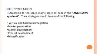 According to the space matrix score HP falls in the “AGGRESSIVE
quadrant” . Their strategies should be one of the following:
• Vertical and horizontal integration
•Market penetration
•Market development
•Product development
•Diversification
INTERPRETATION
 