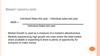 MARKET GROWTH RATE
Individual Sales this year – Individual sales last year
MGR =
Individual Sales last year
• Market Growth is used as a measure of a market’s attractiveness.
• Markets experiencing high growth are ones where the total market
share available is expanding & there is plenty of opportunity for
everyone to make money
 