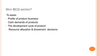 WHY BCG MATRIX?
To asses
• Profile of product /business
• Cash demands of products
• The development cycle of product
• Resource allocation & divestment decisions
 