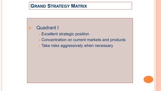 GRAND STRATEGY MATRIX
 Quadrant I
 Excellent strategic position
 Concentration on current markets and products
 Take risks aggressively when necessary
 