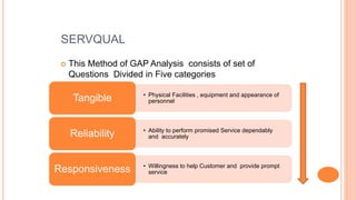 SERVQUAL
 This Method of GAP Analysis consists of set of
Questions Divided in Five categories
• Physical Facilities , equipment and appearance of
personnelTangible
• Ability to perform promised Service dependably
and accuratelyReliability
• Willingness to help Customer and provide prompt
serviceResponsiveness
 