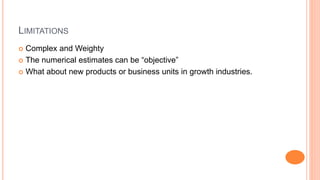 LIMITATIONS
 Complex and Weighty
 The numerical estimates can be “objective”
 What about new products or business units in growth industries.
 