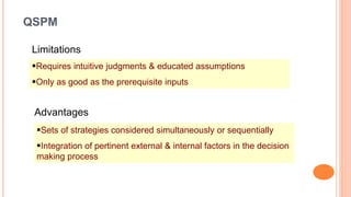 QSPM
Requires intuitive judgments & educated assumptions
Only as good as the prerequisite inputs
Limitations
Advantages
Sets of strategies considered simultaneously or sequentially
Integration of pertinent external & internal factors in the decision
making process
 