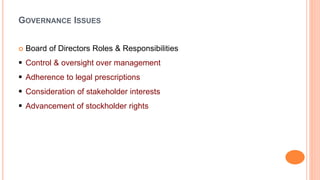GOVERNANCE ISSUES
 Board of Directors Roles & Responsibilities
 Control & oversight over management
 Adherence to legal prescriptions
 Consideration of stakeholder interests
 Advancement of stockholder rights
 