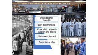 Organizational
citizenship
Easy debt financing
Close relationship with
suppliers and dealers
Lifetime employment
Ownership of labor
 