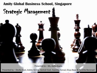 Amity Global Business School, Singapore
Presented to – Ms. Astha Gupta
Presented by – Devika Goel, Ankita Verma, Vaishali Goel, Avantika Kansal, Divya Bajaj & Harshita Baranwal
 