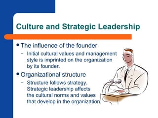 Culture and Strategic Leadership
The influence of the founder
– Initial cultural values and management
style is imprinted on the organization
by its founder.
Organizational structure
– Structure follows strategy.
Strategic leadership affects
the cultural norms and values
that develop in the organization.
 