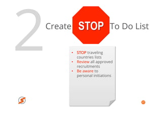 27
2Create STOP To Do List
•  STOP traveling
countries lists
•  Review all approved
recruitments
•  Be aware to
personal initiations
 