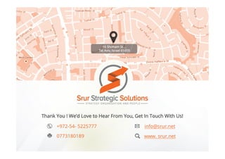 Thank You ! We’d Love to Hear From You, Get In Touch With Us!
16 Shoham St., ,
Tel Aviv, Israel 69359
info@srur.net
www. srur.net
+972-54- 5225777
0773180189
 