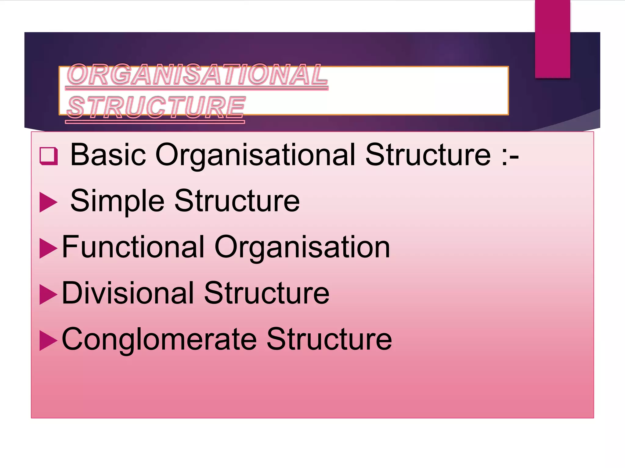  Basic Organisational Structure :-
 Simple Structure
Functional Organisation
Divisional Structure
Conglomerate Structure
 