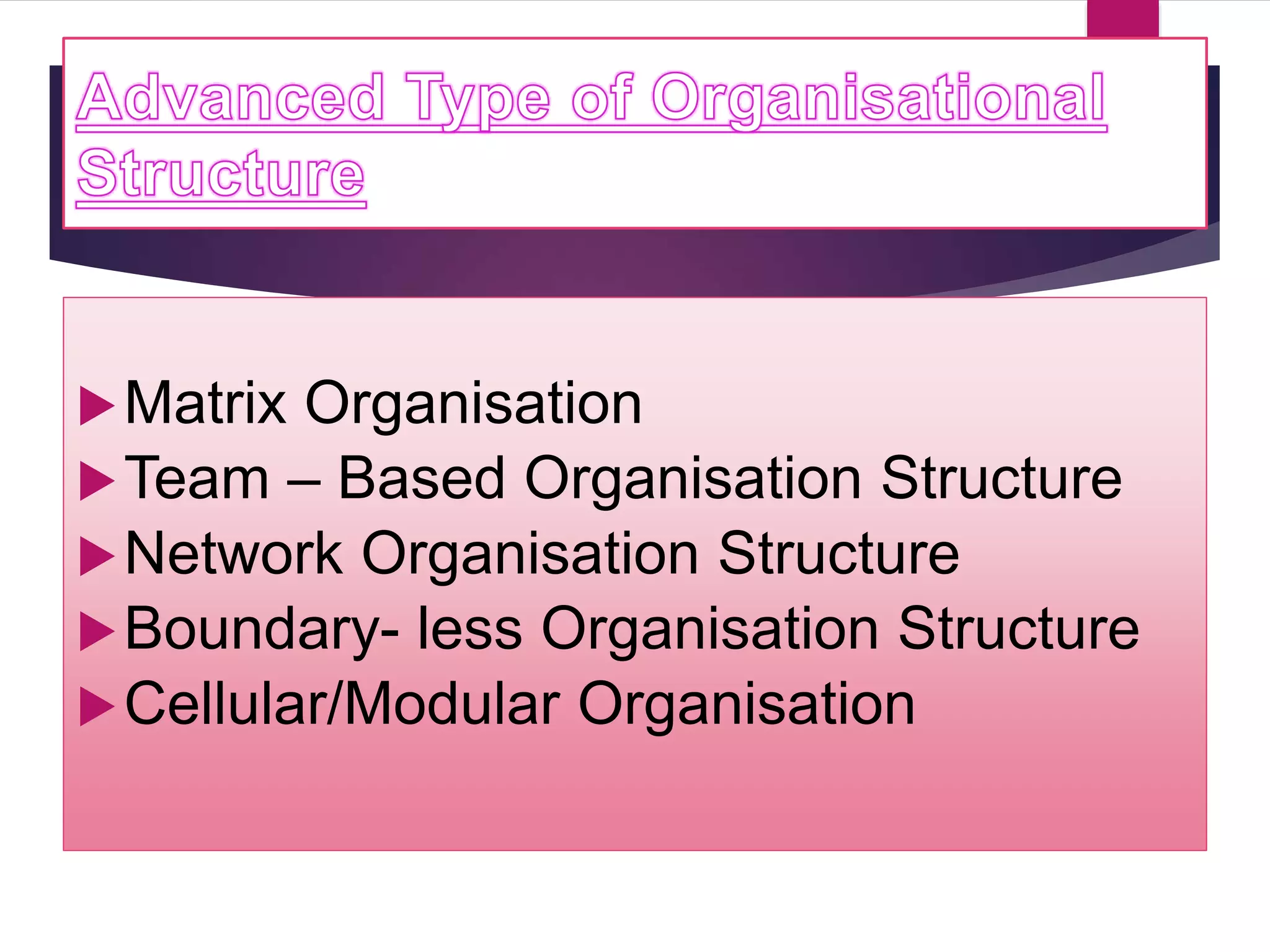 Matrix Organisation
Team – Based Organisation Structure
Network Organisation Structure
Boundary- less Organisation Structure
Cellular/Modular Organisation
 