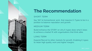 The Recommendation
SHORT TERM
Say 'NO' to transactional work, that requires E-Types to be in a
position to balance reputation and growth.
MEDIUM TERM
Build/enhance the STORY on why E-types does what it does
to achieve a market fit with organisations that think alike
LONG TERM
Expand/Recruit to other markets for growth. Enabling E-types
to retain high quality work and higher margins.
NK | 2020
 