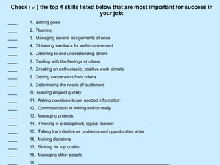 Check (  ) the top 4 skills listed below that are most important for success in your job: ____ 1.  Setting goals ____ 2.  Planning ____ 3.  Managing several assignments at once ____ 4.  Obtaining feedback for self-improvement ____ 5.  Listening to and understanding others ____ 6.  Dealing with the feelings of others ____ 7.  Creating an enthusiastic, positive work climate ____ 8.  Getting cooperation from others ____ 9.  Determining the needs of customers ____ 10. Gaining respect quickly ____ 11.  Asking questions to get needed information ____ 12.  Communication in writing and/or orally ____ 13.  Managing projects ____ 14.  Thinking in a disciplined, logical manner ____ 15.  Taking the initiative as problems and opportunities arise ____ 16.  Making decisions ____ 17.  Striving for top quality ____ 18.  Managing other people ____ 19.  _______________________________________________________ 