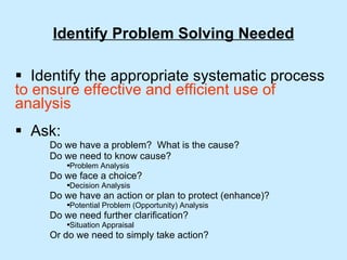 Identify Problem Solving Needed Identify the appropriate systematic process  to ensure effective and efficient use of analysis Ask: Do we have a problem?  What is the cause? Do we need to know cause?  Problem Analysis Do we face a choice? Decision Analysis Do we have an action or plan to protect (enhance)? Potential Problem (Opportunity) Analysis Do we need further clarification? Situation Appraisal Or do we need to simply take action? 
