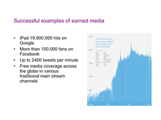 Successful examples of earned media iPad 19.900.000 hits on Google More than 100.000 fans on Facebook Up to 2400 tweets per minute Free media coverage across the globe in various traditional main stream channels 