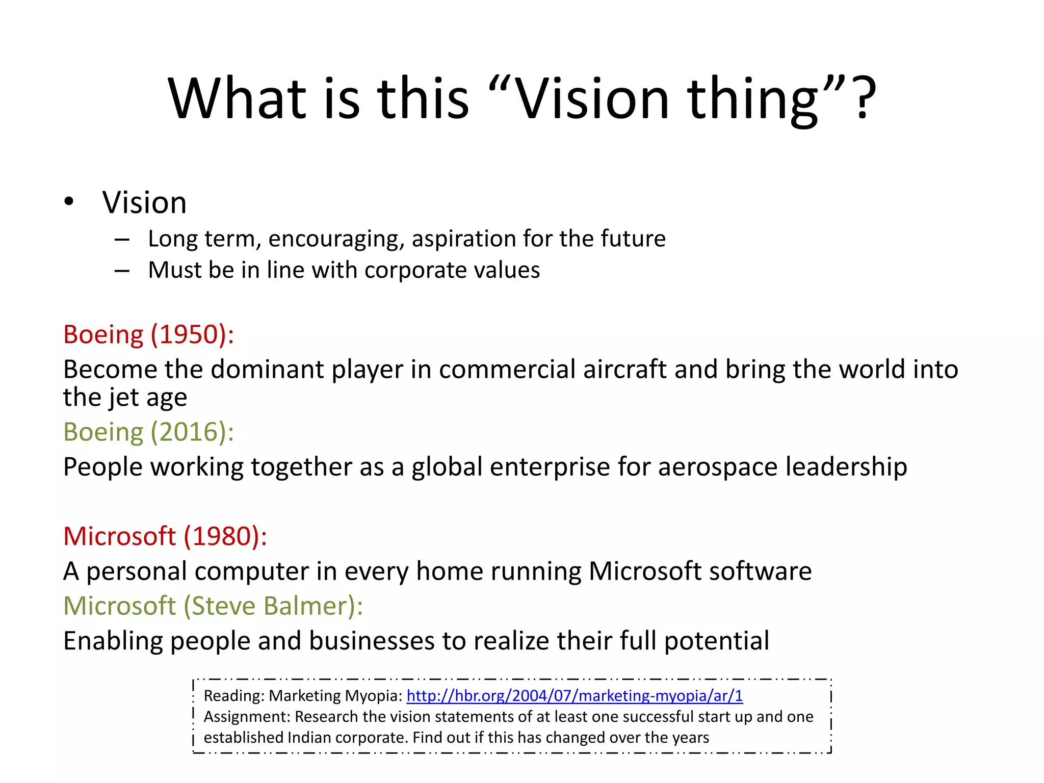 What is this “Vision thing”?
• Vision
    – Long term, encouraging, aspiration for the future
    – Must be in line with corporate values

Boeing (1950):
Become the dominant player in commercial aircraft and bring the world into
the jet age
Boeing (2016):
People working together as a global enterprise for aerospace leadership

Microsoft (1980):
A personal computer in every home running Microsoft software
Microsoft (Steve Balmer):
Enabling people and businesses to realize their full potential
            Reading: Marketing Myopia: http://hbr.org/2004/07/marketing-myopia/ar/1
            Assignment: Research the vision statements of at least one successful start up and one
            established Indian corporate. Find out if this has changed over the years
 