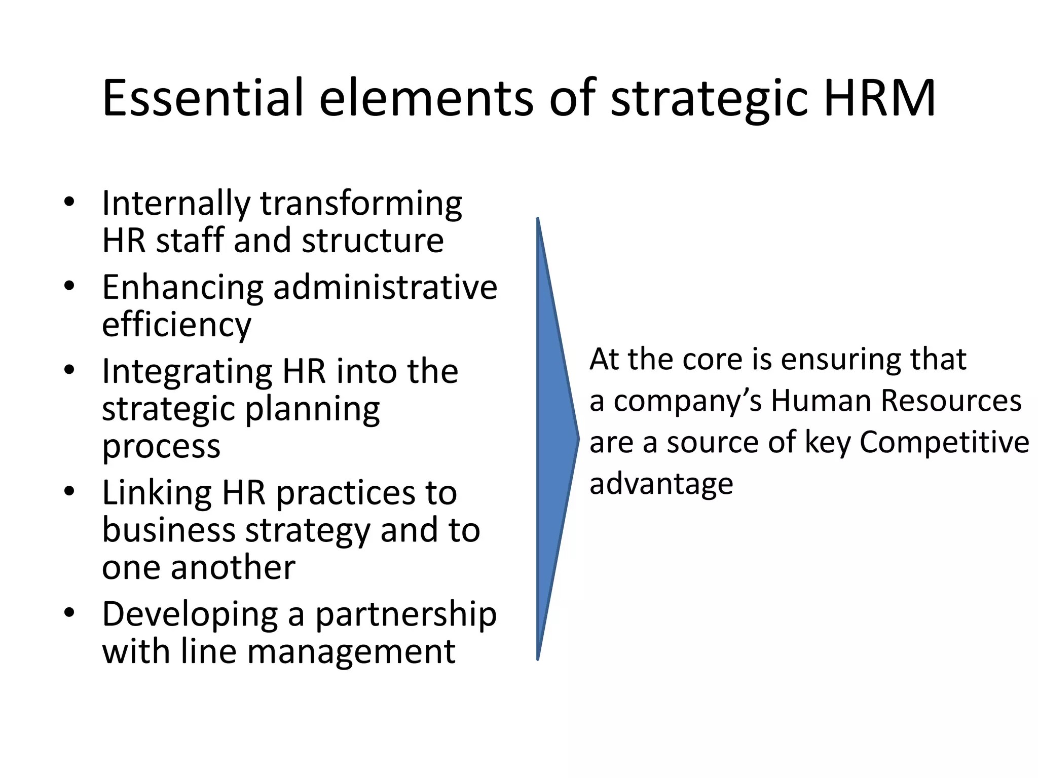Essential elements of strategic HRM
• Internally transforming
  HR staff and structure
• Enhancing administrative
  efficiency
• Integrating HR into the    At the core is ensuring that
  strategic planning         a company’s Human Resources
  process                    are a source of key Competitive
• Linking HR practices to    advantage
  business strategy and to
  one another
• Developing a partnership
  with line management
 