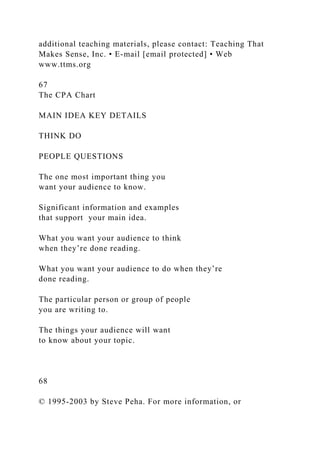 additional teaching materials, please contact: Teaching That
Makes Sense, Inc. • E-mail [email protected] • Web
www.ttms.org
67
The CPA Chart
MAIN IDEA KEY DETAILS
THINK DO
PEOPLE QUESTIONS
The one most important thing you
want your audience to know.
Significant information and examples
that support your main idea.
What you want your audience to think
when they’re done reading.
What you want your audience to do when they’re
done reading.
The particular person or group of people
you are writing to.
The things your audience will want
to know about your topic.
68
© 1995-2003 by Steve Peha. For more information, or
 