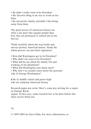 • He didn’t really want to be President.
• His favorite thing to do was to work on his
farm.
• He missed his family and didn’t like being
away from them.
The great heroes of American history are
often a lot more like regular people than
how they are portrayed in school and in the
movies.
Think carefully about the way books and
movies portray American heroes. Study the
whole person, not just their reputation.
• How did Washington get to be President?
• Why didn’t he want to be President?
• What did he say about his family life and
working on his plantation?
• What did Washington care about most?
• Why don’t we usually learn about the personal
side of George Washington?
Kids in middle school and junior high
who are studying American history
Research paper pre-write: Here’s some pre-writing for a report
on George Wash-
ington. In this case, some research has to be done before this
chart can be filled out.
70
© 1995-2003 by Steve Peha. For more information, or
 