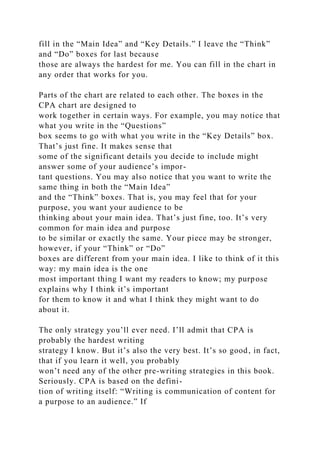 fill in the “Main Idea” and “Key Details.” I leave the “Think”
and “Do” boxes for last because
those are always the hardest for me. You can fill in the chart in
any order that works for you.
Parts of the chart are related to each other. The boxes in the
CPA chart are designed to
work together in certain ways. For example, you may notice that
what you write in the “Questions”
box seems to go with what you write in the “Key Details” box.
That’s just fine. It makes sense that
some of the significant details you decide to include might
answer some of your audience’s impor-
tant questions. You may also notice that you want to write the
same thing in both the “Main Idea”
and the “Think” boxes. That is, you may feel that for your
purpose, you want your audience to be
thinking about your main idea. That’s just fine, too. It’s very
common for main idea and purpose
to be similar or exactly the same. Your piece may be stronger,
however, if your “Think” or “Do”
boxes are different from your main idea. I like to think of it this
way: my main idea is the one
most important thing I want my readers to know; my purpose
explains why I think it’s important
for them to know it and what I think they might want to do
about it.
The only strategy you’ll ever need. I’ll admit that CPA is
probably the hardest writing
strategy I know. But it’s also the very best. It’s so good, in fact,
that if you learn it well, you probably
won’t need any of the other pre-writing strategies in this book.
Seriously. CPA is based on the defini-
tion of writing itself: “Writing is communication of content for
a purpose to an audience.” If
 