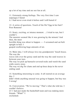 up a lot of my time and are not fun at all.
11. Extremely strong feelings. The very first time I saw
asparagus I hated
it. I had never even tried it before and I still hated it!
12. A series of questions. Touch of the flu? Egg in her hair?
Poor Ramona!
13. Scary, exciting, or intense moment. …I tried to run, but I
couldn’t.
The monster seemed like it was growing by the minute! And
then, the most
horrible thing was about to happen -— I screamed and sat bolt
upright in bed. I
gasped swallowing huge amounts of air.
14. Main idea. I will always love my grandparents’ beach house.
The way the
waves role over the gooey sand and the way the sand weaves in
between your toes.
The way we pick up barnacle-covered rocks and watch the sand
crabs scurry away.
The way we dig for clams and end up knee deep in the never
ending sand.
15. Something interesting to come. It all started on an average
day. I
didn’t think anything unusual was going to happen, but boy was
I wrong!
16. Conversation. “We’re moving.” That’s what she told me. I
couldn’t believe
it! I had just made the basketball team and was making more
friends. “What!” I
exclaimed.
 