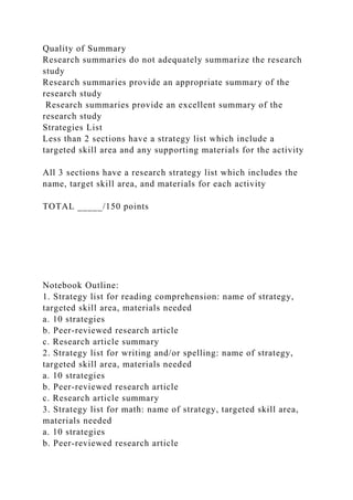 Quality of Summary
Research summaries do not adequately summarize the research
study
Research summaries provide an appropriate summary of the
research study
Research summaries provide an excellent summary of the
research study
Strategies List
Less than 2 sections have a strategy list which include a
targeted skill area and any supporting materials for the activity
All 3 sections have a research strategy list which includes the
name, target skill area, and materials for each activity
TOTAL _____/150 points
Notebook Outline:
1. Strategy list for reading comprehension: name of strategy,
targeted skill area, materials needed
a. 10 strategies
b. Peer-reviewed research article
c. Research article summary
2. Strategy list for writing and/or spelling: name of strategy,
targeted skill area, materials needed
a. 10 strategies
b. Peer-reviewed research article
c. Research article summary
3. Strategy list for math: name of strategy, targeted skill area,
materials needed
a. 10 strategies
b. Peer-reviewed research article
 