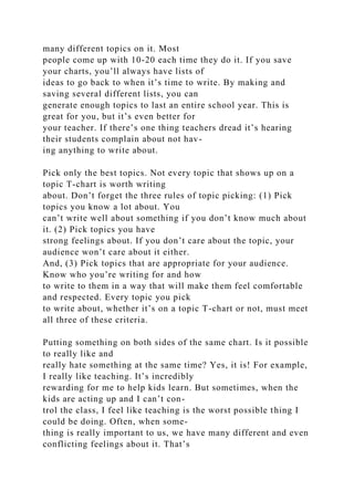 many different topics on it. Most
people come up with 10-20 each time they do it. If you save
your charts, you’ll always have lists of
ideas to go back to when it’s time to write. By making and
saving several different lists, you can
generate enough topics to last an entire school year. This is
great for you, but it’s even better for
your teacher. If there’s one thing teachers dread it’s hearing
their students complain about not hav-
ing anything to write about.
Pick only the best topics. Not every topic that shows up on a
topic T-chart is worth writing
about. Don’t forget the three rules of topic picking: (1) Pick
topics you know a lot about. You
can’t write well about something if you don’t know much about
it. (2) Pick topics you have
strong feelings about. If you don’t care about the topic, your
audience won’t care about it either.
And, (3) Pick topics that are appropriate for your audience.
Know who you’re writing for and how
to write to them in a way that will make them feel comfortable
and respected. Every topic you pick
to write about, whether it’s on a topic T-chart or not, must meet
all three of these criteria.
Putting something on both sides of the same chart. Is it possible
to really like and
really hate something at the same time? Yes, it is! For example,
I really like teaching. It’s incredibly
rewarding for me to help kids learn. But sometimes, when the
kids are acting up and I can’t con-
trol the class, I feel like teaching is the worst possible thing I
could be doing. Often, when some-
thing is really important to us, we have many different and even
conflicting feelings about it. That’s
 