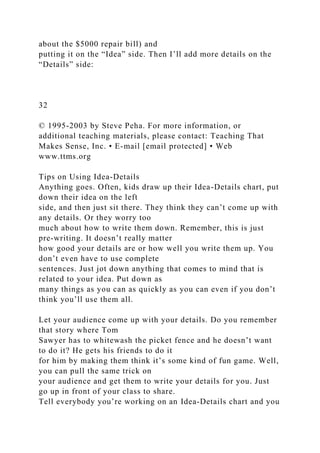 about the $5000 repair bill) and
putting it on the “Idea” side. Then I’ll add more details on the
“Details” side:
32
© 1995-2003 by Steve Peha. For more information, or
additional teaching materials, please contact: Teaching That
Makes Sense, Inc. • E-mail [email protected] • Web
www.ttms.org
Tips on Using Idea-Details
Anything goes. Often, kids draw up their Idea-Details chart, put
down their idea on the left
side, and then just sit there. They think they can’t come up with
any details. Or they worry too
much about how to write them down. Remember, this is just
pre-writing. It doesn’t really matter
how good your details are or how well you write them up. You
don’t even have to use complete
sentences. Just jot down anything that comes to mind that is
related to your idea. Put down as
many things as you can as quickly as you can even if you don’t
think you’ll use them all.
Let your audience come up with your details. Do you remember
that story where Tom
Sawyer has to whitewash the picket fence and he doesn’t want
to do it? He gets his friends to do it
for him by making them think it’s some kind of fun game. Well,
you can pull the same trick on
your audience and get them to write your details for you. Just
go up in front of your class to share.
Tell everybody you’re working on an Idea-Details chart and you
 