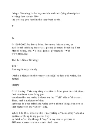 things. Showing is the key to rich and satisfying descriptive
writing that sounds like
the writing you read in the very best books.
4
34
© 1995-2003 by Steve Peha. For more information, or
additional teaching materials, please contact: Teaching That
Makes Sense, Inc. • E-mail [email protected] • Web
www.ttms.org
The Tell-Show Strategy
TELL
Just say it very simply
(Make a picture in the reader’s mind)(The less you write, the
better)
SHOW
Give it a try. Take any simple sentence from your current piece
that mentions something you
can describe and write it down on the “Tell” side of the chart.
Then, make a picture of that
sentence in your mind and write down all the things you see in
that picture on the “Show” side.
When I do this, it feels like I’m creating a “mini-story” about a
particular thing in my piece. I try
to think of all the things I “see” in my mental picture as
different characters in a scene. And then
 