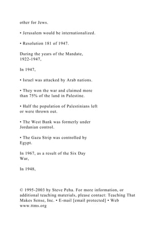 other for Jews.
• Jerusalem would be internationalized.
• Resolution 181 of 1947.
During the years of the Mandate,
1922-1947,
In 1947,
• Israel was attacked by Arab nations.
• They won the war and claimed more
than 75% of the land in Palestine.
• Half the population of Palestinians left
or were thrown out.
• The West Bank was formerly under
Jordanian control.
• The Gaza Strip was controlled by
Egypt.
In 1967, as a result of the Six Day
War,
In 1948,
© 1995-2003 by Steve Peha. For more information, or
additional teaching materials, please contact: Teaching That
Makes Sense, Inc. • E-mail [email protected] • Web
www.ttms.org
 