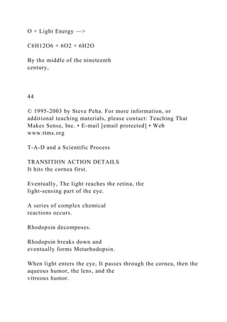 O + Light Energy —>
C6H12O6 + 6O2 + 6H2O
By the middle of the nineteenth
century,
44
© 1995-2003 by Steve Peha. For more information, or
additional teaching materials, please contact: Teaching That
Makes Sense, Inc. • E-mail [email protected] • Web
www.ttms.org
T-A-D and a Scientific Process
TRANSITION ACTION DETAILS
It hits the cornea first.
Eventually, The light reaches the retina, the
light-sensing part of the eye.
A series of complex chemical
reactions occurs.
Rhodopsin decomposes.
Rhodopsin breaks down and
eventually forms Metarhodopsin.
When light enters the eye, It passes through the cornea, then the
aqueous humor, the lens, and the
vitreous humor.
 