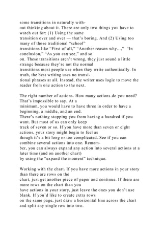 some transitions in naturally with-
out thinking about it. There are only two things you have to
watch out for: (1) Using the same
transition over and over — that’s boring. And (2) Using too
many of those traditional “school”
transitions like “First of all,” “Another reason why...,” “In
conclusion,” “As you can see,” and so
on. These transitions aren’t wrong, they just sound a little
strange because they’re not the normal
transitions most people use when they write authentically. In
truth, the best writing uses no transi-
tional phrases at all. Instead, the writer uses logic to move the
reader from one action to the next.
The right number of actions. How many actions do you need?
That’s impossible to say. At a
minimum, you would have to have three in order to have a
beginning, a middle, and an end.
There’s nothing stopping you from having a hundred if you
want. But most of us can only keep
track of seven or so. If you have more than seven or eight
actions, your story might begin to feel as
though it’s a bit long or too complicated. See if you can
combine several actions into one. Remem-
ber, you can always expand any action into several actions at a
later time (and on another chart)
by using the “expand the moment” technique.
Working with the chart. If you have more actions in your story
than there are rows on the
chart, just get another piece of paper and continue. If there are
more rows on the chart than you
have actions in your story, just leave the ones you don’t use
blank. If you’d like to create extra rows
on the same page, just draw a horizontal line across the chart
and split any single row into two.
 