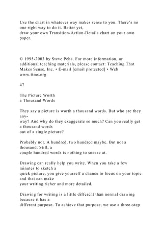 Use the chart in whatever way makes sense to you. There’s no
one right way to do it. Better yet,
draw your own Transition-Action-Details chart on your own
paper.
© 1995-2003 by Steve Peha. For more information, or
additional teaching materials, please contact: Teaching That
Makes Sense, Inc. • E-mail [email protected] • Web
www.ttms.org
47
The Picture Worth
a Thousand Words
They say a picture is worth a thousand words. But who are they
any-
way? And why do they exaggerate so much? Can you really get
a thousand words
out of a single picture?
Probably not. A hundred, two hundred maybe. But not a
thousand. Still, a
couple hundred words is nothing to sneeze at.
Drawing can really help you write. When you take a few
minutes to sketch a
quick picture, you give yourself a chance to focus on your topic
and that can make
your writing richer and more detailed.
Drawing for writing is a little different than normal drawing
because it has a
different purpose. To achieve that purpose, we use a three-step
 