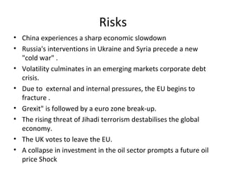 Risks
• China experiences a sharp economic slowdown
• Russia's interventions in Ukraine and Syria precede a new
"cold war" .
• Volatility culminates in an emerging markets corporate debt
crisis.
• Due to external and internal pressures, the EU begins to
fracture .
• Grexit" is followed by a euro zone break-up.
• The rising threat of Jihadi terrorism destabilises the global
economy.
• The UK votes to leave the EU.
• A collapse in investment in the oil sector prompts a future oil
price Shock
 