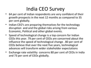India CEO Survey
• 64 per cent of Indian respondents are very confident of their
growth prospects in the next 12 months as compared to 35
per cent globally.
• Indian CEO’s are preparing themselves for the technology
disruption and and the global risks arising from various
Economic, Political and other global events.
• Speed of technological change is a top concern for Indian
CEOs this year. 79 per cent of CEOs are concerned about the
influence the speed of technological change . 80 per cent of
CEOs believe that over the next five years, technological
advances will transform wider stakeholder expectations
• Exchange rate volatility concerns 80 per cent of CEOs in India
and 73 per cent of CEOs globally.
 
