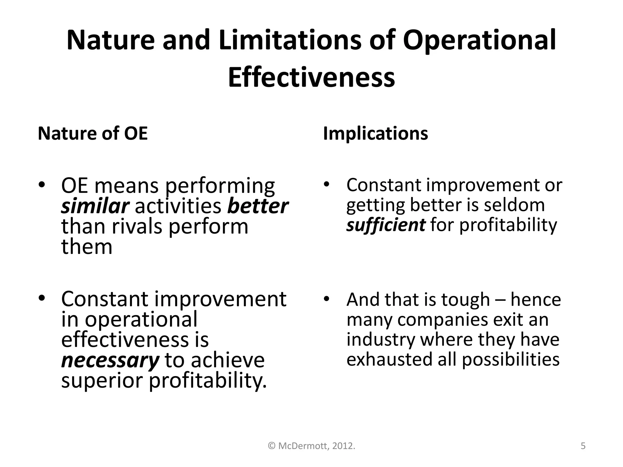 Nature and Limitations of Operational
Effectiveness
Nature of OE

Implications

• OE means performing
similar activities better
than rivals perform
them

• Constant improvement or
getting better is seldom
sufficient for profitability

• Constant improvement
in operational
effectiveness is
necessary to achieve
superior profitability.

• And that is tough – hence
many companies exit an
industry where they have
exhausted all possibilities

© McDermott, 2012.

5

 